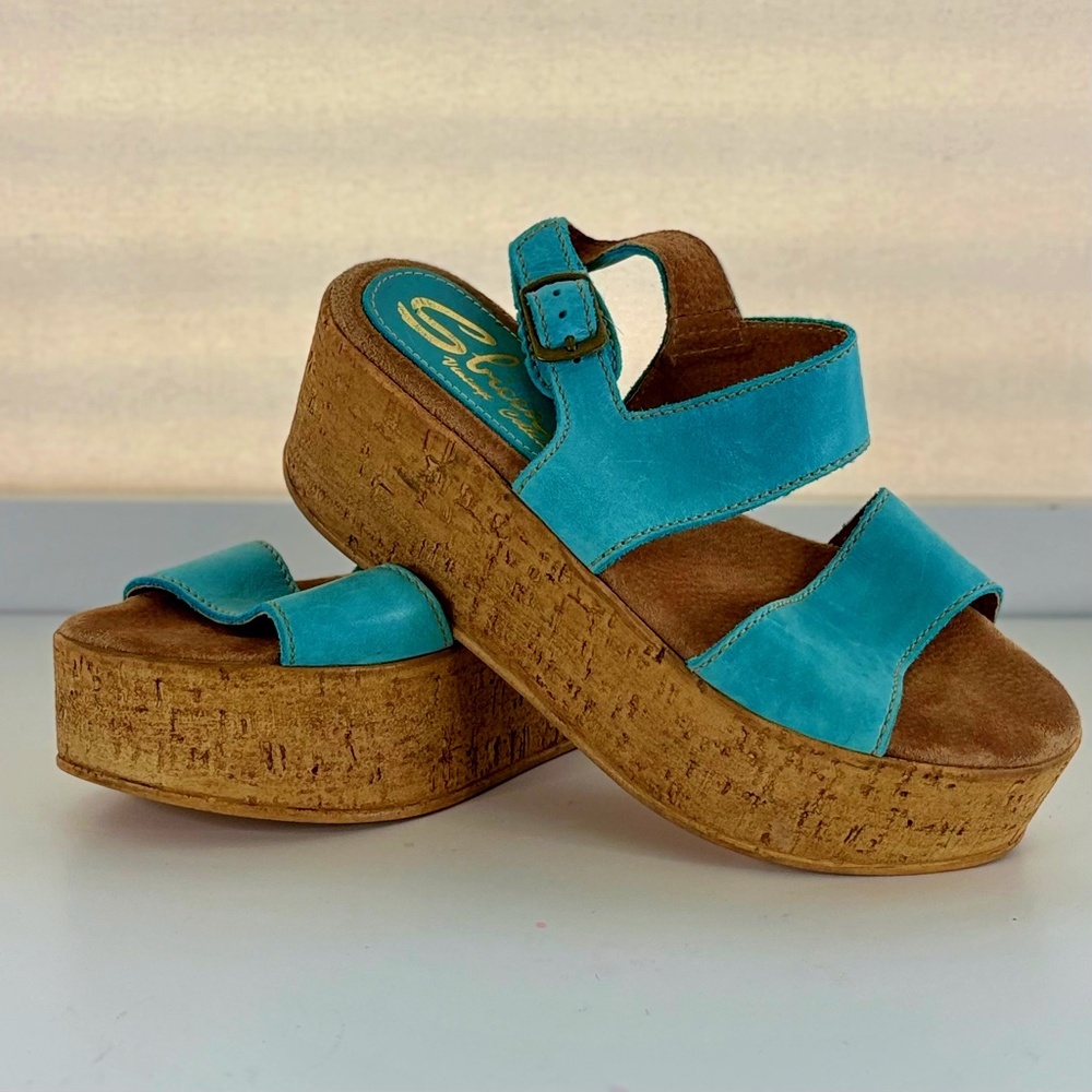 Sbicca Teal Leather Platform Sandals